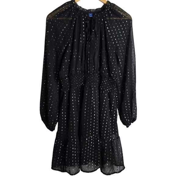 Old Navy Dresses & Skirts - Old Navy Black Metallic Dot Sheer‎ Long Sleeve Smocked Waist Tiered Mini Dress M